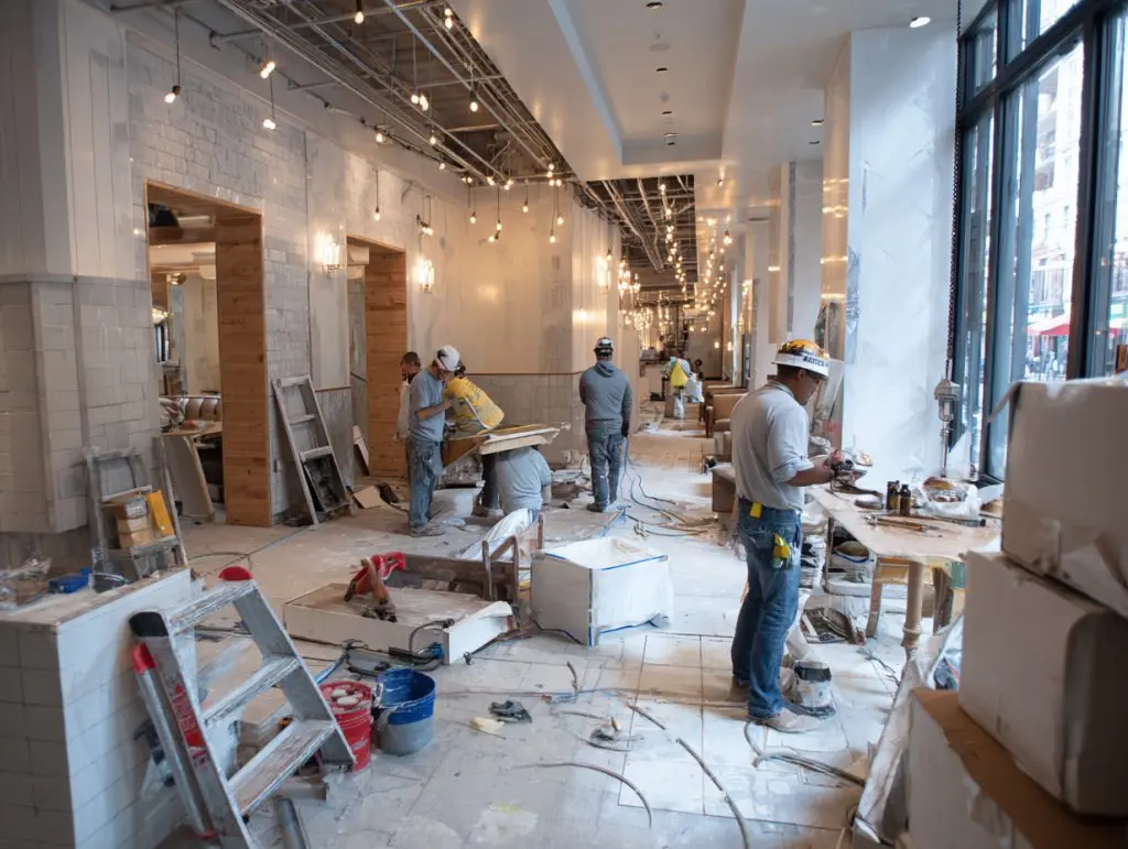 Construction workers renovate a spacious, modern office buildout with exposed lights; ladders, tools, and building materials are scattered on the unfinished floor as sunlight streams in through large windows on the right.