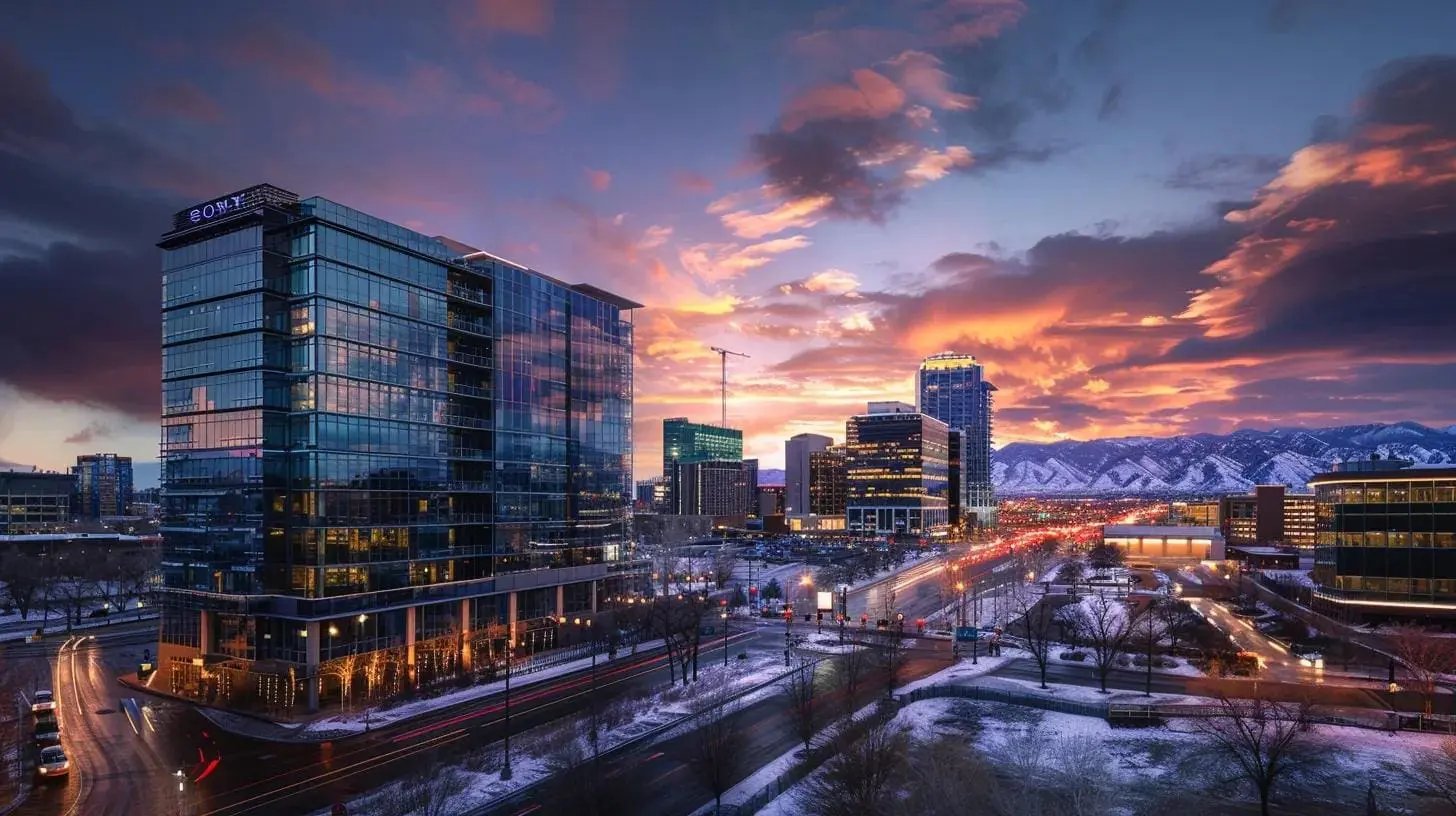 A cityscape at sunset with modern glass buildings from recent commercial construction, snowy streets, light traffic, and mountains in the background under a colorful, dramatic sky.