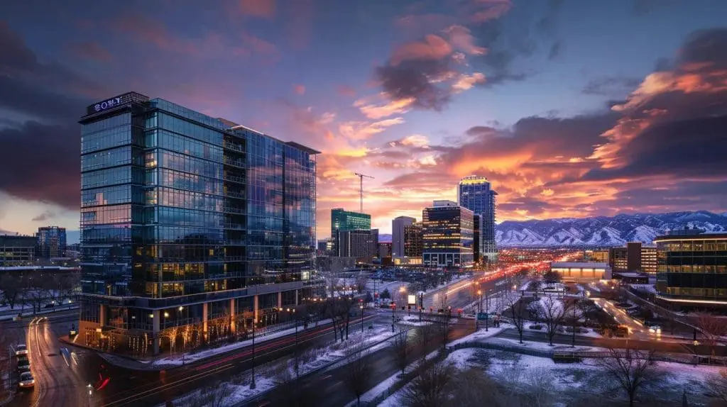 A cityscape at sunset showcases modern glass buildings from recent commercial construction, busy streets with car lights, and snow-covered ground. Mountains rise in the background beneath a dramatic sky of orange, pink, and purple clouds.