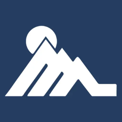 A white mountain silhouette with a sun or moon rising behind it, set against a dark blue background.