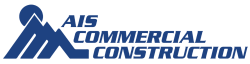 AIS Commercial Construction logo in blue, featuring stylized mountains to the left of the bold, slanted company name text—perfectly representing expertise in Salt Lake commercial construction and remodel projects.
