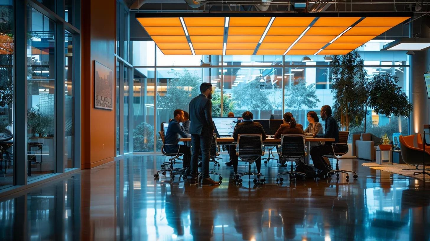 Modern office meeting space with diverse professionals collaborating around a large table, featuring bright orange ceiling panels and large windows showcasing greenery outside.