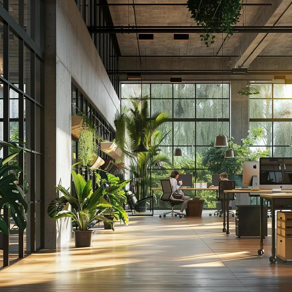 Modern office interior featuring biophilic design elements, large windows with natural light, and greenery, showcasing flexible workspaces and technology integration for enhanced productivity and employee well-being.