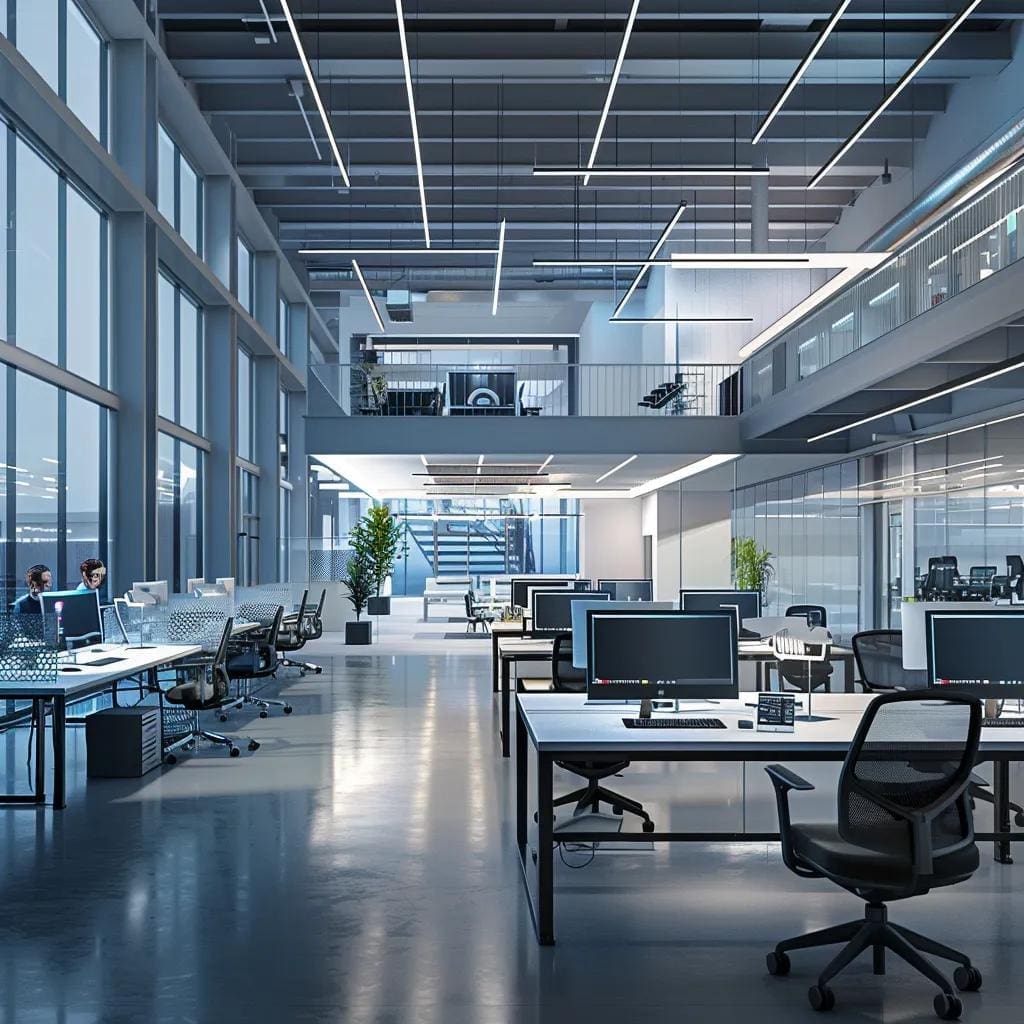 Modern office interior with large windows, flexible workstations, and greenery, showcasing biophilic design elements and smart technology integration.