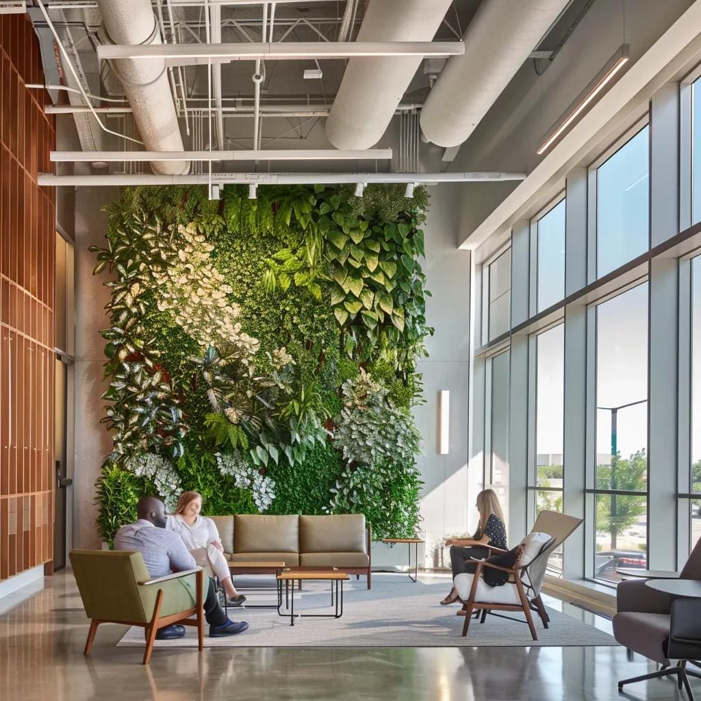 Indoor seating area featuring a lush living wall with various plants, modern furniture including a green sofa and wooden coffee table, and large windows allowing natural light, illustrating biophilic design in contemporary office environments.