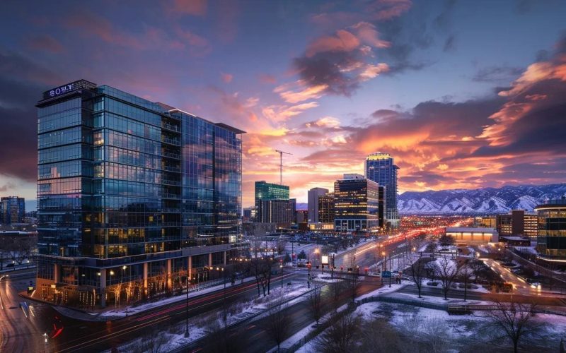 a dynamic city skyline of utah showcases innovative commercial construction projects, featuring towering glass buildings and advanced architectural designs against a vibrant urban backdrop, under a dramatic twilight sky.