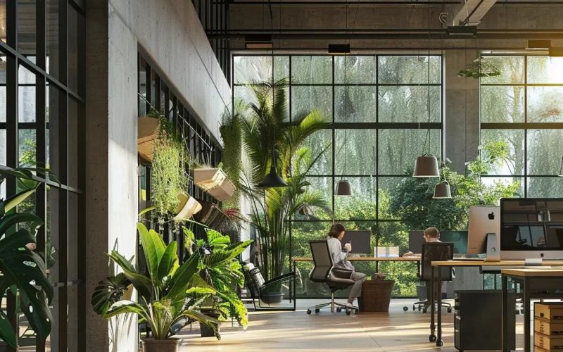 Modern office space with biophilic design elements promoting productivity and well-being