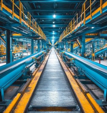 Industrial facility interior featuring conveyor belts and overhead walkways, emphasizing efficient workflow and functional design for manufacturing operations.