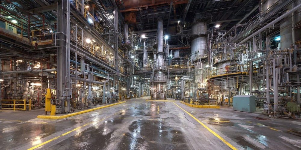 Industrial refinery interior with extensive piping, machinery, and utility installations, showcasing a functional workspace for manufacturing and logistics, aligned with AIS Commercial Construction's industrial build-out services.