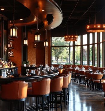 Elegant restaurant interior featuring a curved bar, leather seating, and large windows, showcasing a blend of modern design and inviting atmosphere, ideal for dining and socializing.
