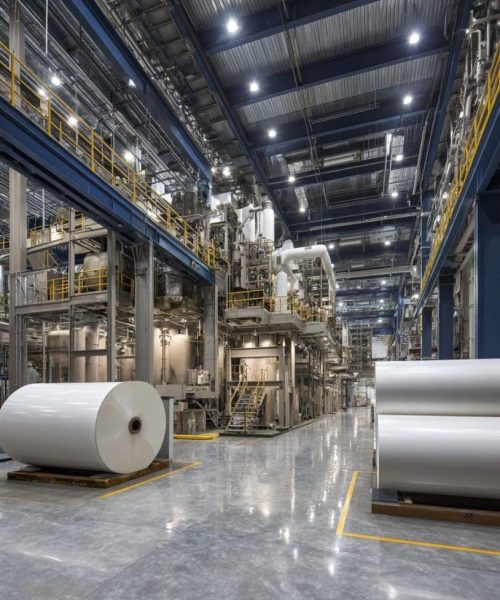 Industrial manufacturing facility interior with large machinery, storage rolls of paper, and high ceilings, showcasing efficient workflow and build quality for industrial operations.