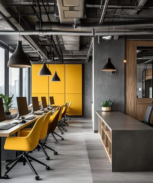 Modern office buildout featuring workspace with yellow chairs