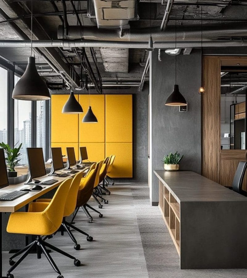 Modern office interior featuring yellow ergonomic chairs, multiple computer workstations, and stylish pendant lighting, highlighting AIS Commercial Construction's focus on functional and aesthetically pleasing commercial environments.