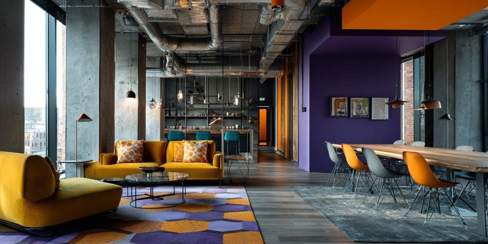 Modern office buildout with colorful interior design features