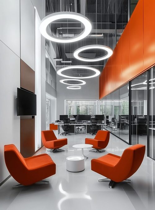 Modern Utah office interior buildout with stylish seating area