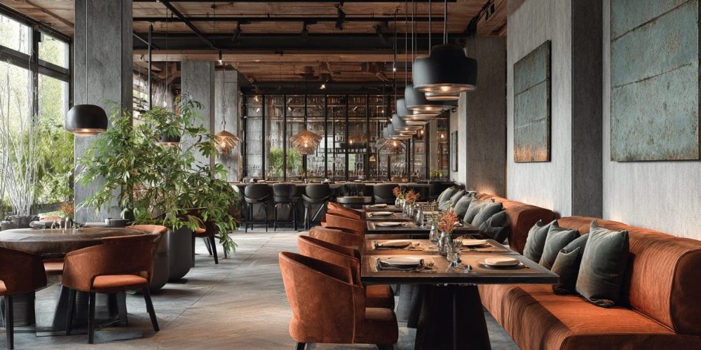 Modern restaurant interior with elegant seating, stylish lighting, and greenery, showcasing a well-designed dining space ideal for high-performing restaurant build-outs by AIS Commercial Construction.