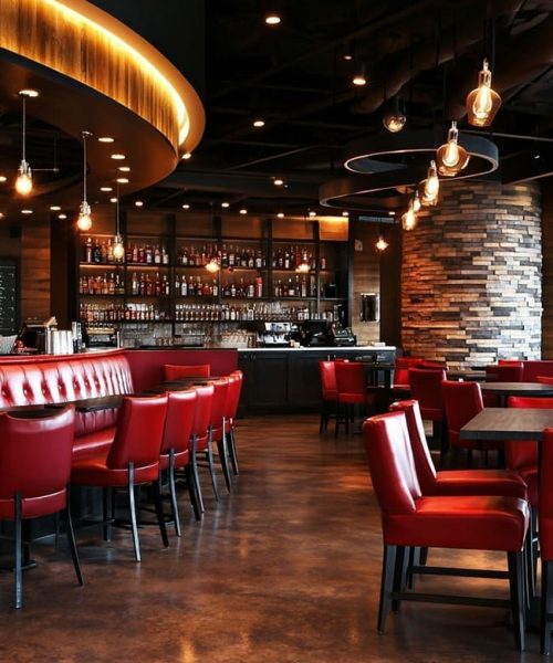 Modern restaurant interior featuring red leather seating, a stylish bar with a variety of spirits, and warm lighting, emphasizing a welcoming atmosphere for dining and socializing.